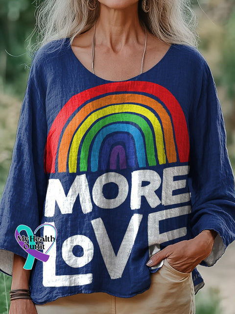 More Love Rainbow Print Cotton Linen Long Sleeve Shirt Multicolor / S