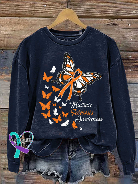 Ms Awareness Multiple Sclerosis Warrior Multiple Sclerosis Orange Ribbon Casual Sweatshirt Blue / S