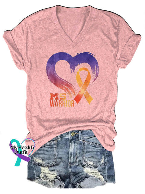 MS Warrior Multiple Sclerosis Printed V-Neck Short Sleeve T-Shirt Pink、 / S