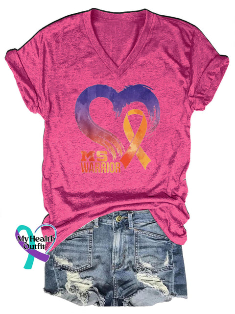 MS Warrior Multiple Sclerosis Printed V-Neck Short Sleeve T-Shirt RoseRed / S
