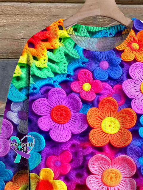 Multicolor Beautiful Flowers Simulation Art Print Knit Pullover Sweater