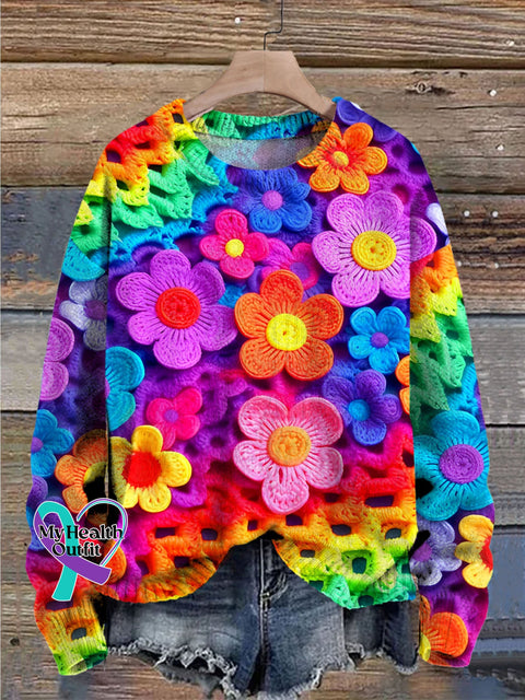 Multicolor Beautiful Flowers Simulation Art Print Knit Pullover Sweater / S