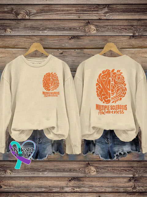 Multiple Sclerosis Awareness Brain Floral Print Casual Crew Neck Sweatshirt Beige / S