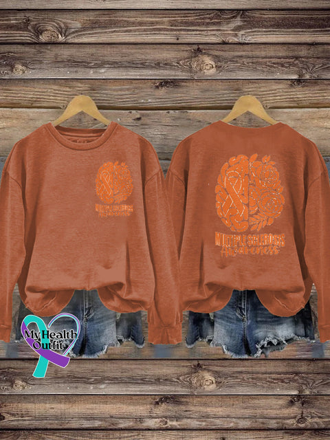Multiple Sclerosis Awareness Brain Floral Print Casual Crew Neck Sweatshirt Orange / S