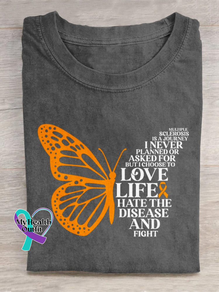 Multiple Sclerosis Awareness Butterfly And Texts Graphic Printed T-Shirt Grey / S