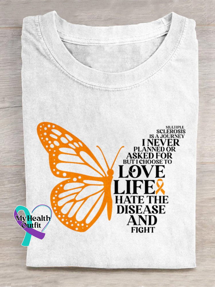 Multiple Sclerosis Awareness Butterfly And Texts Graphic Printed T-Shirt White / S