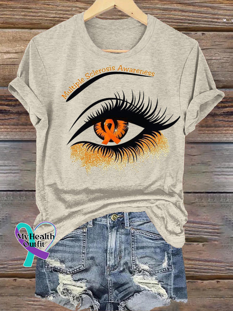 Multiple Sclerosis Awareness Eye Print Casual Round Neck Short Sleeve T-Shirt Beige / S