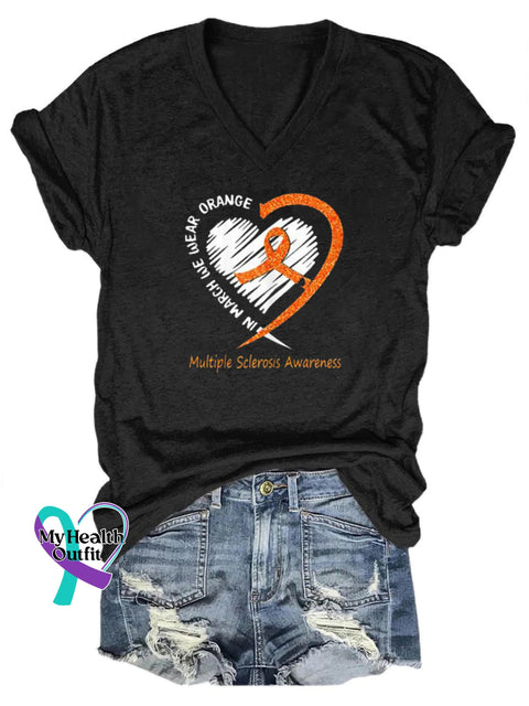 Multiple Sclerosis Awareness Heart Printed V-Neck Casual Short Sleeve T-Shirt Black / S
