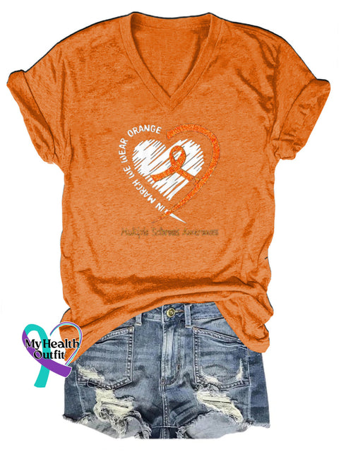 Multiple Sclerosis Awareness Heart Printed V-Neck Casual Short Sleeve T-Shirt Orange / S