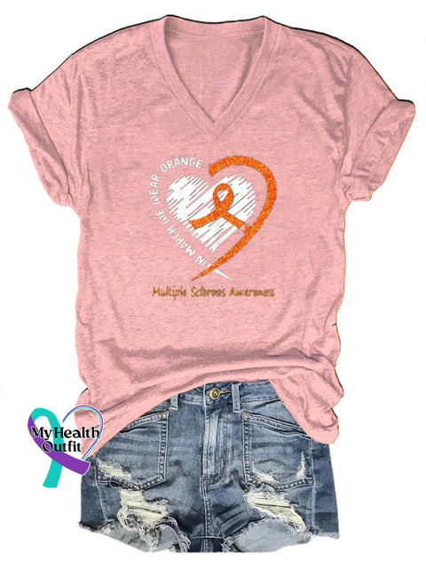 Multiple Sclerosis Awareness Heart Printed V-Neck Casual Short Sleeve T-Shirt Pink / S