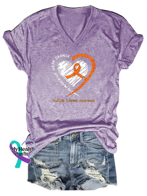Multiple Sclerosis Awareness Heart Printed V-Neck Casual Short Sleeve T-Shirt Purple / S