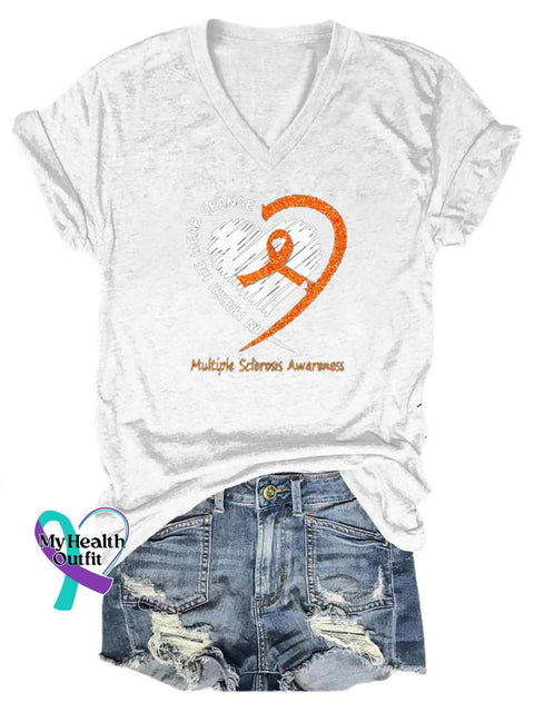 Multiple Sclerosis Awareness Heart Printed V-Neck Casual Short Sleeve T-Shirt White / S