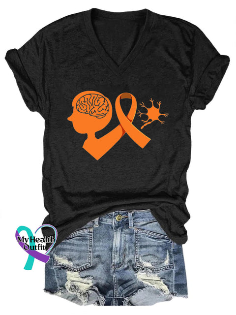 Multiple Sclerosis Awareness Printed V-Neck Casual Short Sleeve T-Shirt Black / S