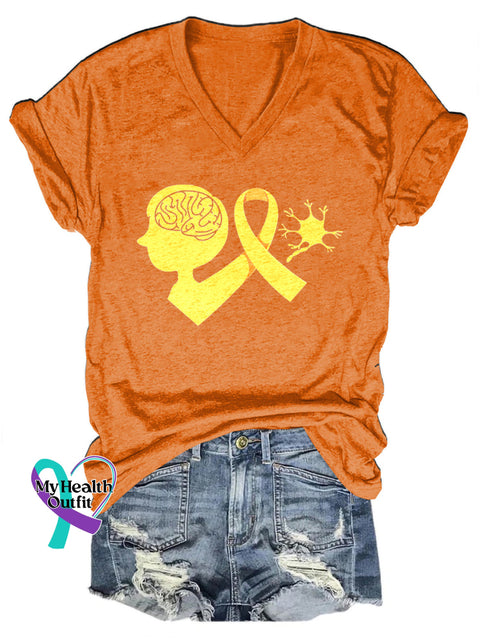 Multiple Sclerosis Awareness Printed V-Neck Casual Short Sleeve T-Shirt Orange / S