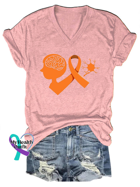 Multiple Sclerosis Awareness Printed V-Neck Casual Short Sleeve T-Shirt Pink / S