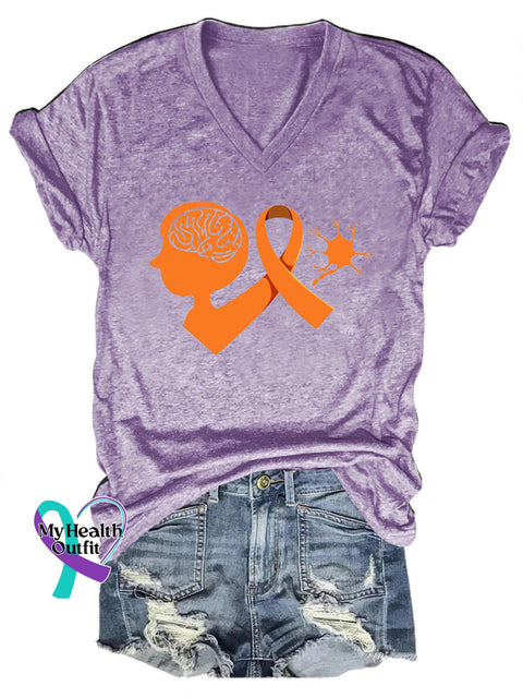 Multiple Sclerosis Awareness Printed V-Neck Casual Short Sleeve T-Shirt Purple / S
