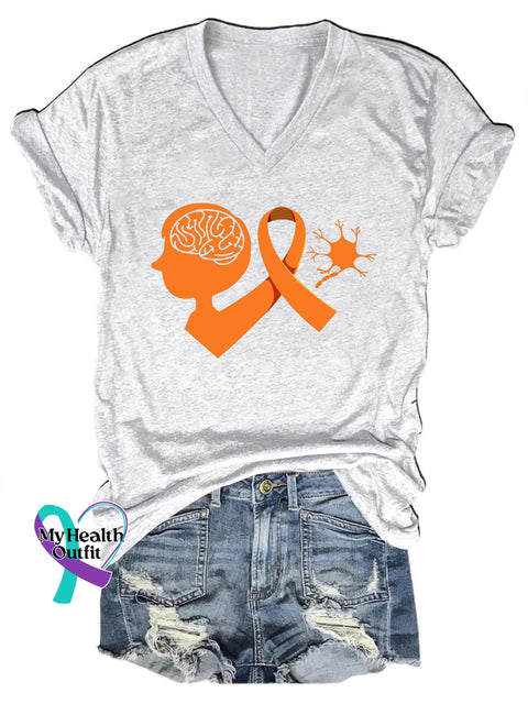 Multiple Sclerosis Awareness Printed V-Neck Casual Short Sleeve T-Shirt White / S