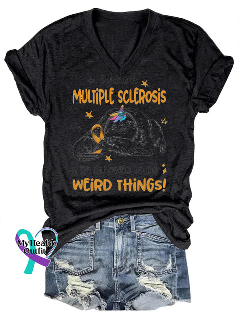 Multiple Sclerosis Cute Sloth Print V-Neck Casual Short Sleeve T-Shirt Black / S