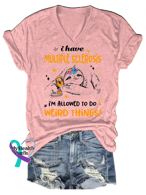 Multiple Sclerosis Cute Sloth Print V-Neck Casual Short Sleeve T-Shirt Pink / S