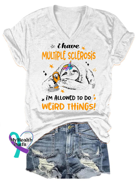 Multiple Sclerosis Cute Sloth Print V-Neck Casual Short Sleeve T-Shirt White / S