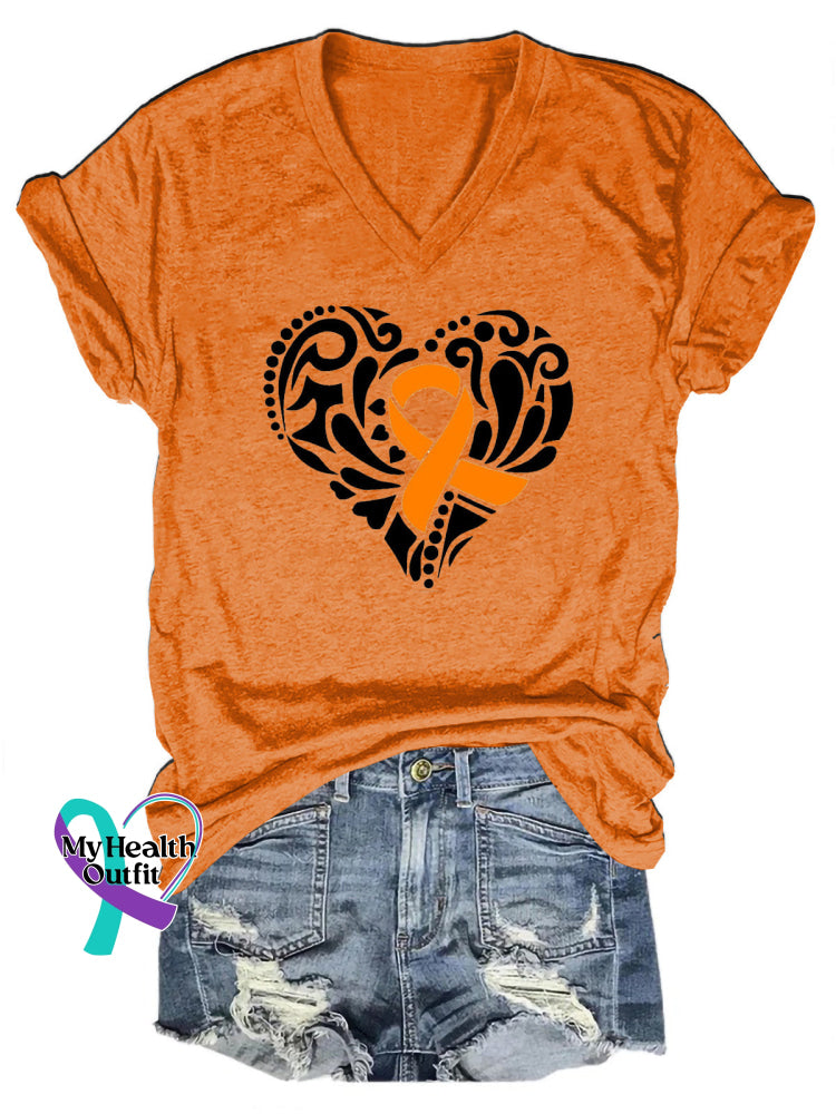 Multiple Sclerosis Printed V-Neck Casual Short Sleeve T-Shirt Orange / S