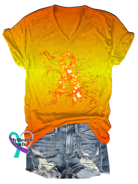 Multiple Sclerosis Ribbon Gradient Print Casual V-Neck Short Sleeve Multicolor / S