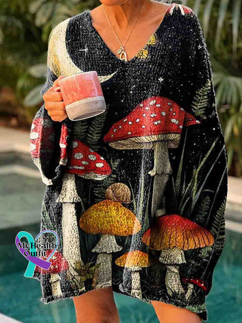 Mushroom Art Casual Pullover Sweater Multicolor / M