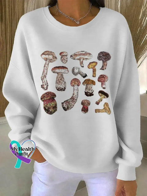Mushroom Art Print Casual Sweatshirt White / S