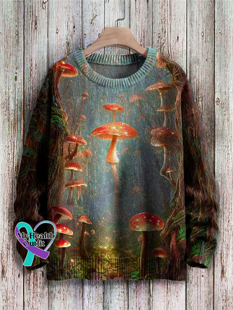 Mushroom Art Print Knit Pullover Sweater As Picture / S