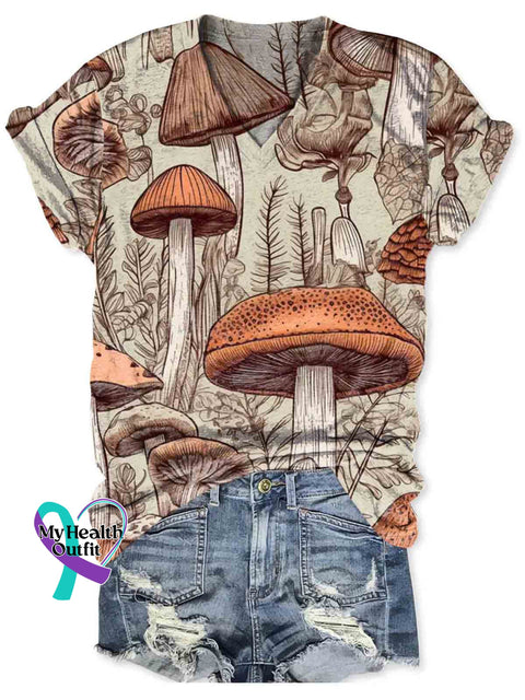 Mushroom Forest Art V-neck Casual T-Shirt Multicolor / S