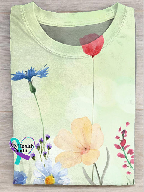 Muted Floral Print Casual Round Neck Short Sleeve T-Shirt Multicolor / S