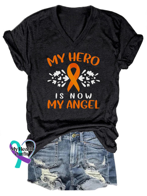 My Hero Is Now My Angel Multiple Sclerosis V-Neck Casual Short Sleeve T-Shirt Black / S