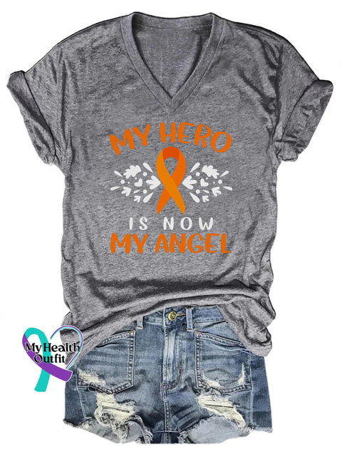 My Hero Is Now My Angel Multiple Sclerosis V-Neck Casual Short Sleeve T-Shirt Grey / S
