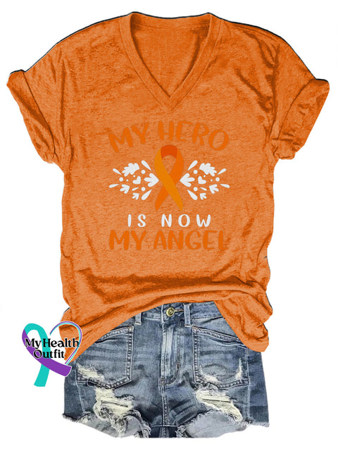 My Hero Is Now My Angel Multiple Sclerosis V-Neck Casual Short Sleeve T-Shirt Orange / S