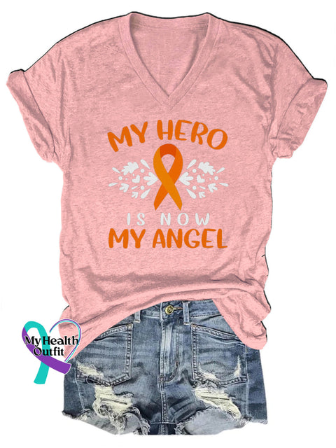 My Hero Is Now My Angel Multiple Sclerosis V-Neck Casual Short Sleeve T-Shirt Pink / S