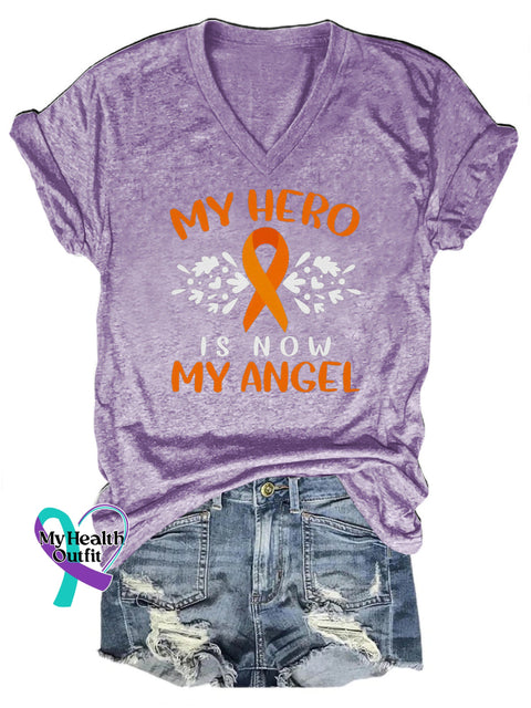 My Hero Is Now My Angel Multiple Sclerosis V-Neck Casual Short Sleeve T-Shirt Purple / S