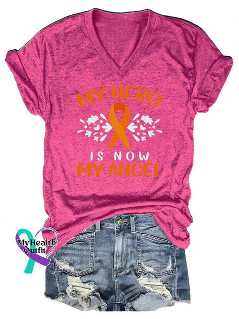 My Hero Is Now My Angel Multiple Sclerosis V-Neck Casual Short Sleeve T-Shirt RoseRed / S