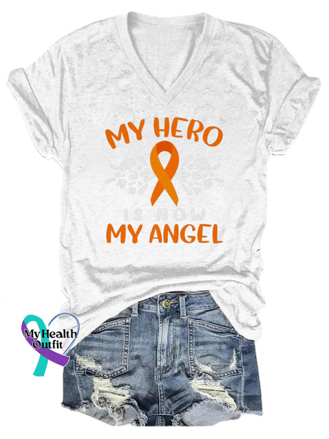 My Hero Is Now My Angel Multiple Sclerosis V-Neck Casual Short Sleeve T-Shirt White / S