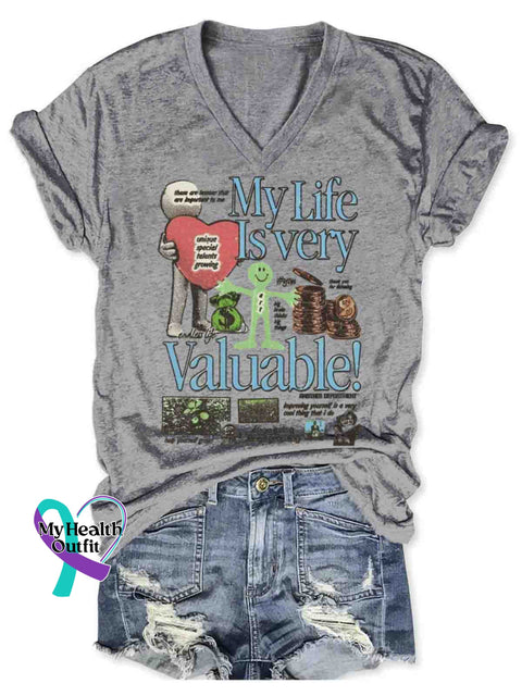 My Life is Very Valuable Art V-neck Casual T-Shirt Gray / S