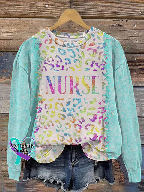National Nurses Day Glitter Effect Leopard Print Art Printed Casual Sweatshirt Multicolor / S