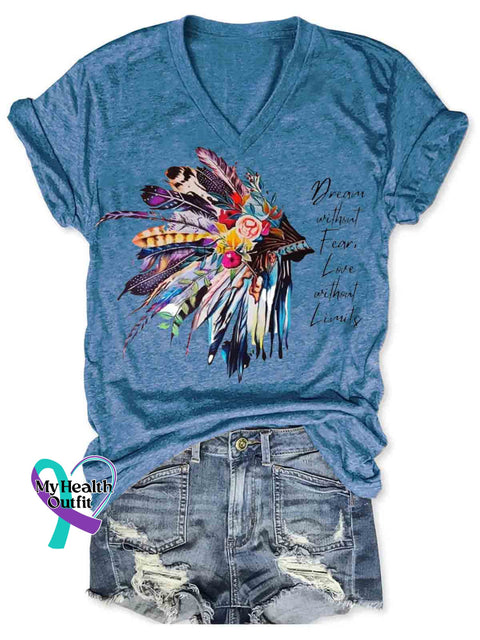 Native American Indian Inspired Art Women’s V-neck Casual T-Shirt Blue / S