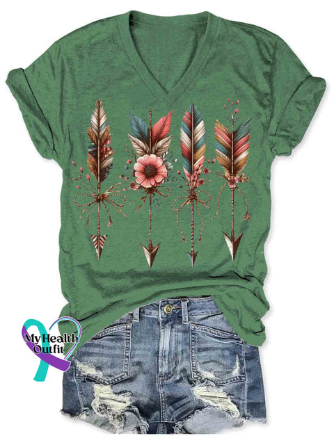 Native American Indian Inspired Art Women’s V-neck Casual T-Shirt Green / S