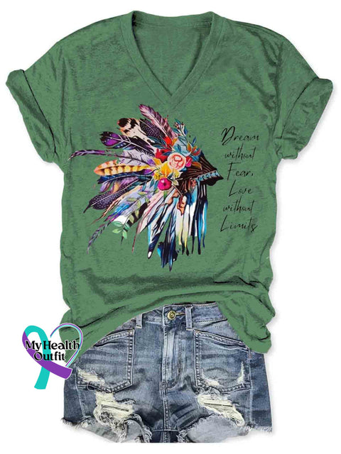 Native American Indian Inspired Art Women’s V-neck Casual T-Shirt Green / S