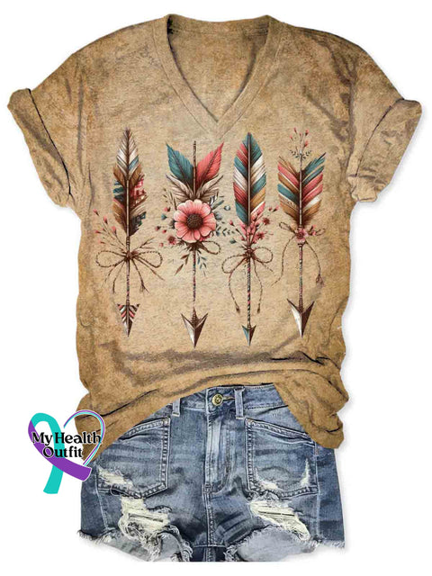 Native American Indian Inspired Art Women’s V-neck Casual T-Shirt Khaki / S