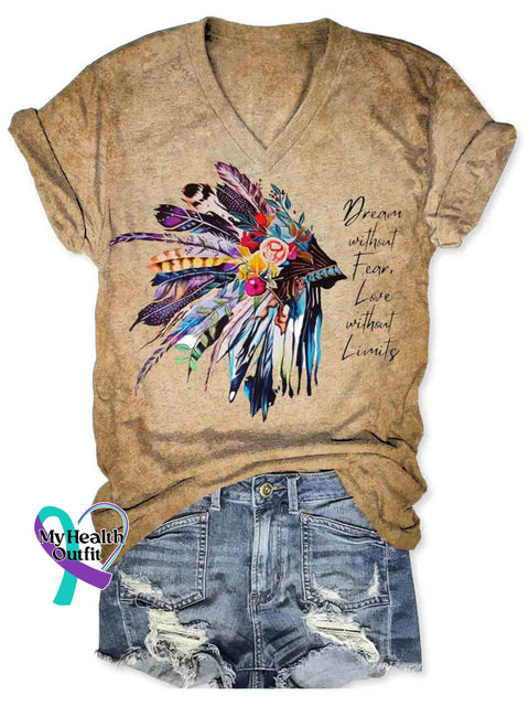 Native American Indian Inspired Art Women’s V-neck Casual T-Shirt Khaki / S