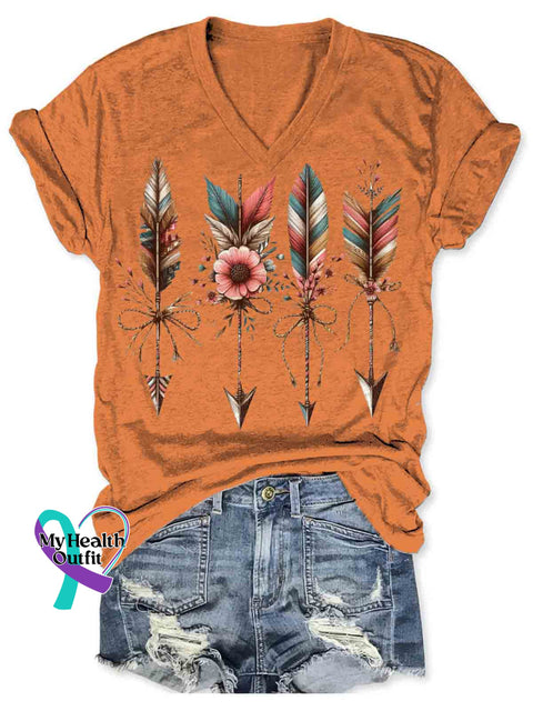 Native American Indian Inspired Art Women’s V-neck Casual T-Shirt Orange / S