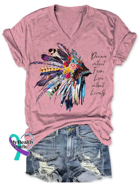 Native American Indian Inspired Art Women’s V-neck Casual T-Shirt Pink / S