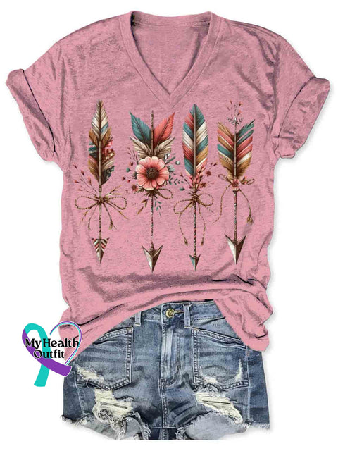 Native American Indian Inspired Art Women’s V-neck Casual T-Shirt Pink / S