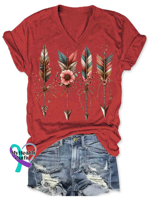 Native American Indian Inspired Art Women’s V-neck Casual T-Shirt Red / S