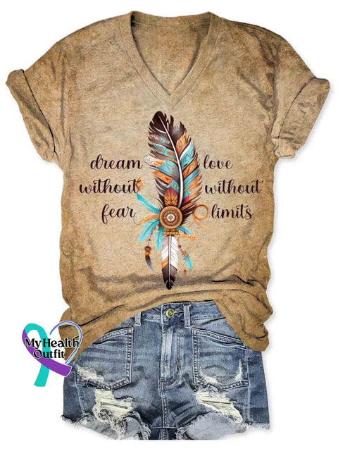 Native Feather Art Women’s V-neck Casual T-Shirt Khaki / S